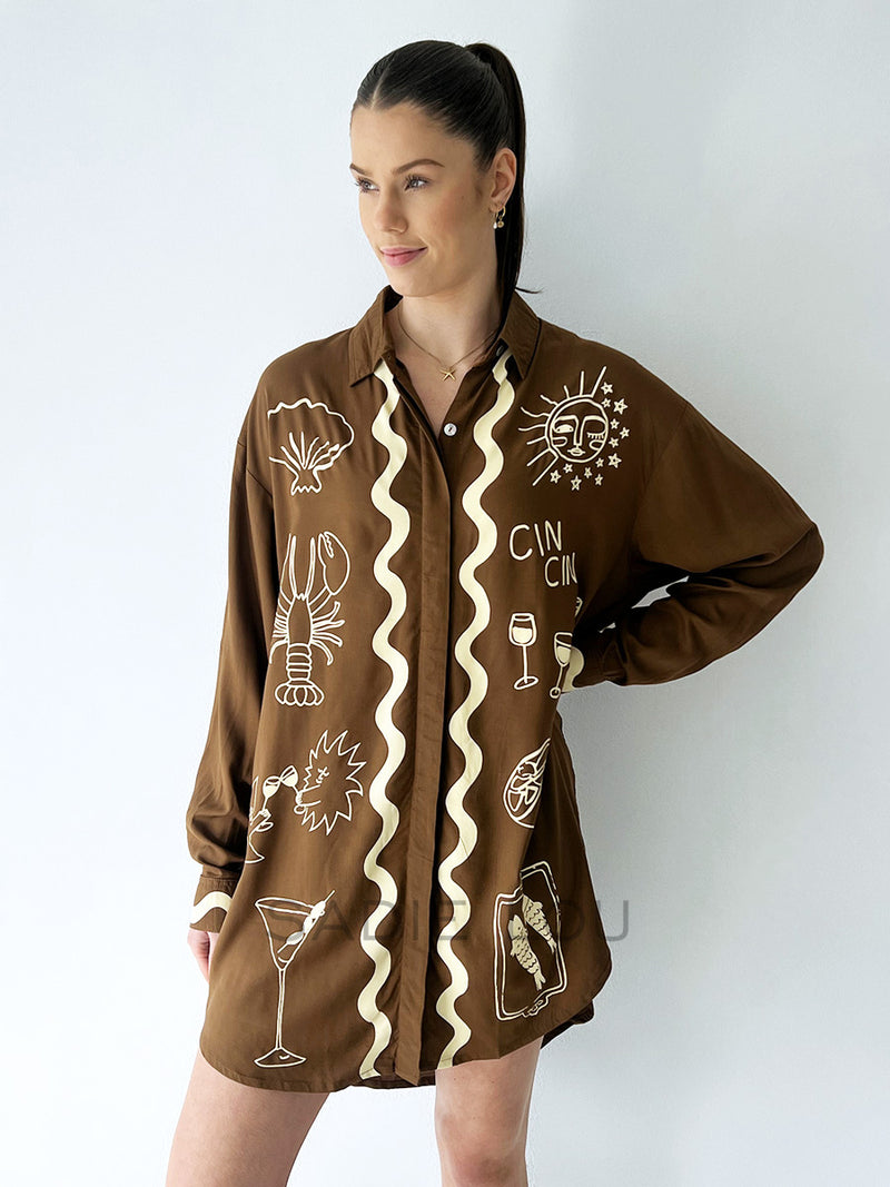 Palm Collective / Wine Club Shirt Dress - Brown