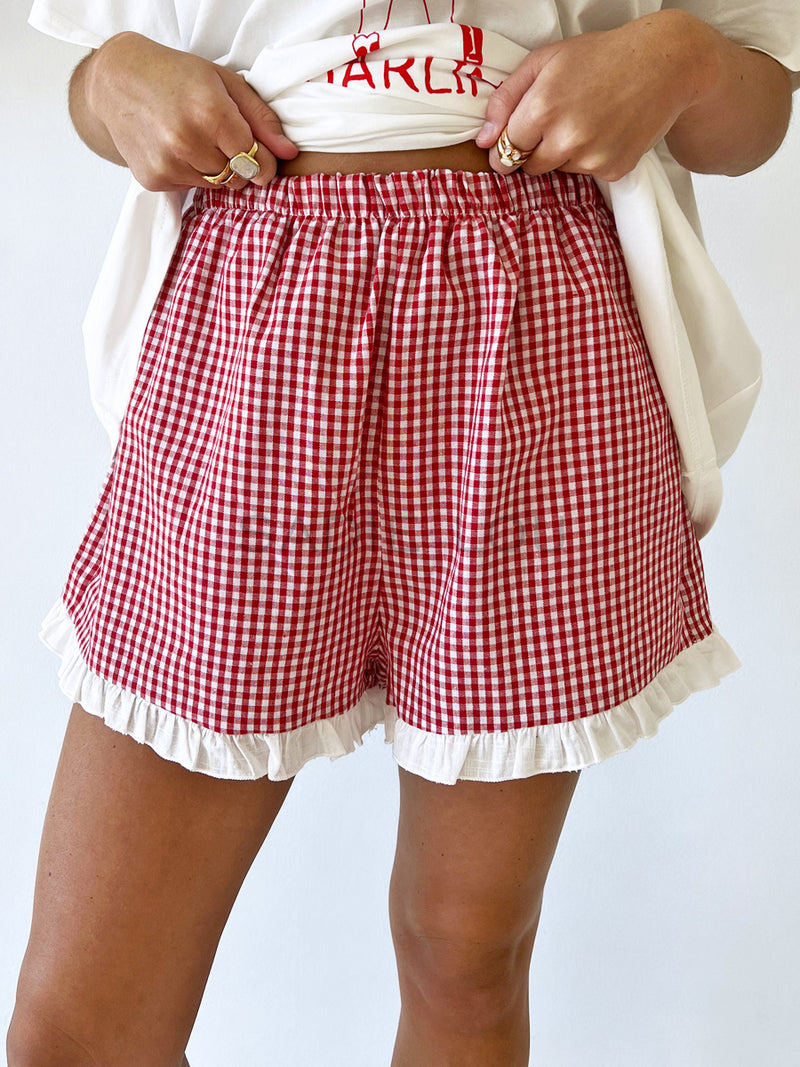 By Frankie / Red Gingham Frill Shorts