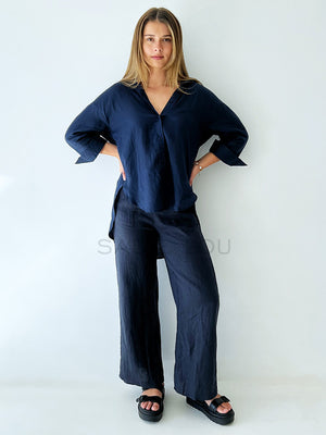 LITTLE LIES / Boyfriend Linen shirt - Navy