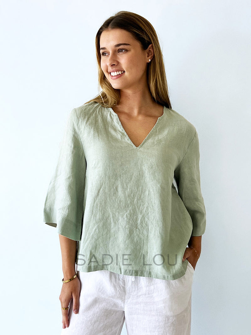 Little Lies / Ester Linen Top  - Sage