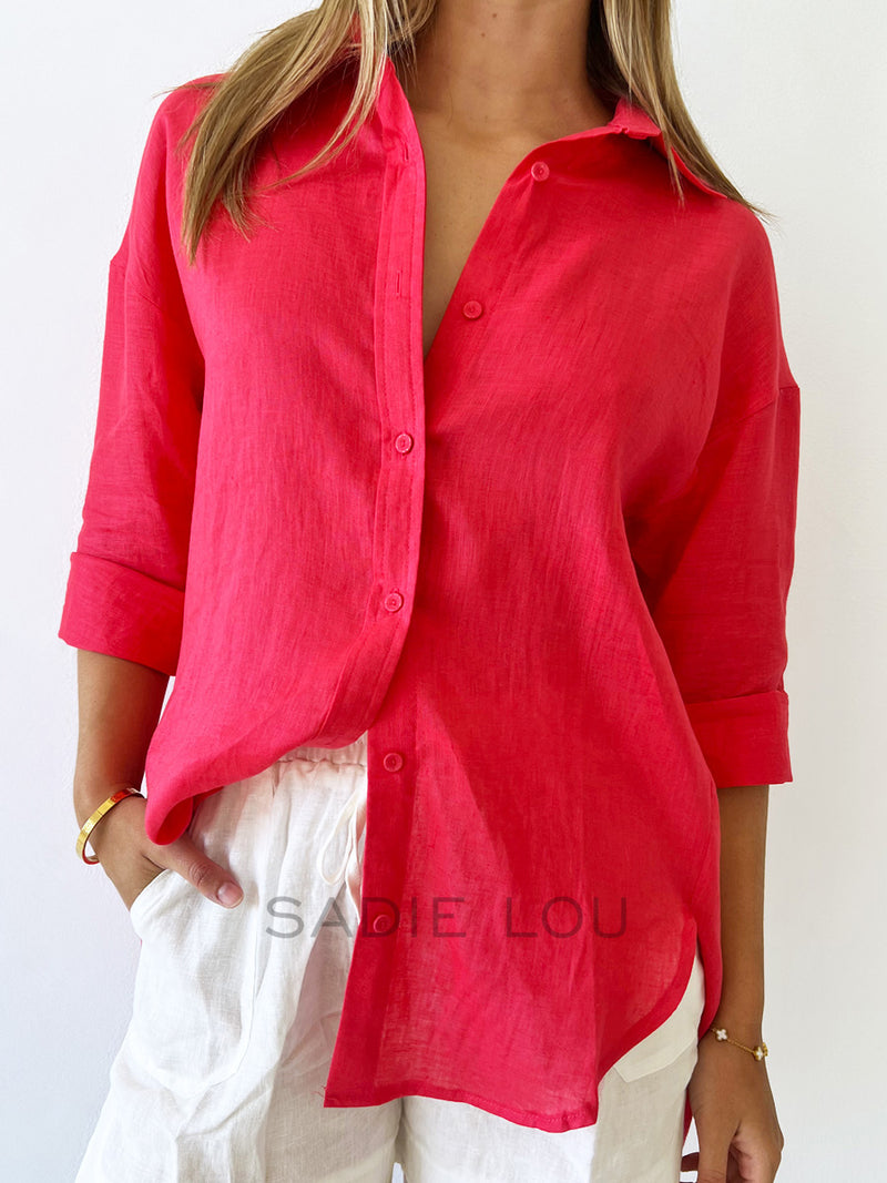 Little Lies / Linen Boyfriend Shirt - Melon