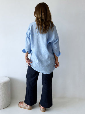 Little Lies / Linen Boyfriend Shirt -  Sky