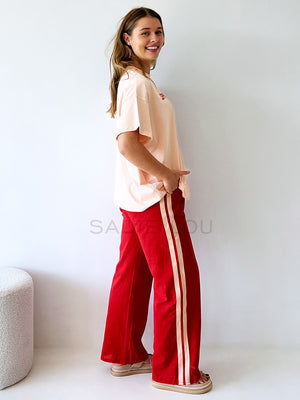 By Frankie / Linen Racer Pant - Red/Peach Stripe