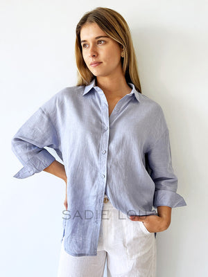 Little Lies / Linen Boyfriend Shirt - Powder Blue