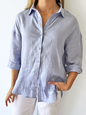 Little Lies / Linen Boyfriend Shirt - Powder Blue